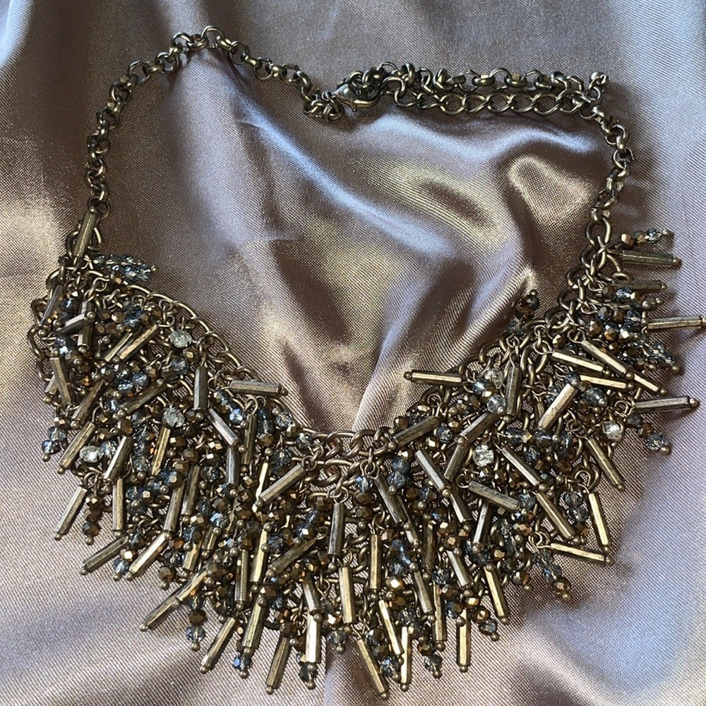Antique Matchstick Fringe Bib Statement Necklace Beaded Chainmail Heavy Elegant
